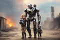 Robots walk with a small child against the backdrop of destruction, war, apocalypse. Royalty Free Stock Photo