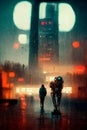 Robots walking in the street of a futuristic city, digital painting, concept illustration