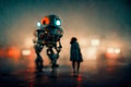 Robots walking in the street of a futuristic city, digital painting, concept illustration