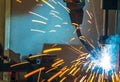 Robots welding movement in a car manufacturing factory Royalty Free Stock Photo