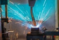 Robots welding movement in a car manufacturing factory Royalty Free Stock Photo