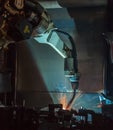 Robots welding movement in a car manufacturing factory Royalty Free Stock Photo