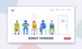 Robots Workers Landing Page Template. Human and Droids Waiting in Lobby Sit on Chairs. Characters Hiring at Company