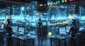 Robots Working at Computers Displaying Financial Data Screens androids artificial intelligence Royalty Free Stock Photo