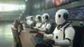 Robots working on computers in futuristic office