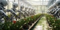 Robots working in a greenhouse harvesting fruits and vegetables.