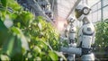 Robots working in industrial greenhouse with fresh natural plants. Concept of growing healthy food, diet, vegetarianism