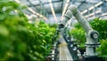 Robots working in industrial greenhouse with fresh natural plants. Concept of growing healthy food, diet, vegetarianism