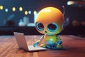 Cute AI android Robot working with laptop in office. Chat GPT Artificial Intelligence chatbot. Generative AI.