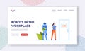 Robots in the Workplace Landing Page Template. Hr, Robotization, Cyborg VS Human Concept. Hiring Interview in Office
