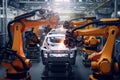 Robots in workshop of automobile plant. Automotive robotic factory. Royalty Free Stock Photo