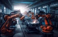 Robots in workshop of automobile plant. Automotive robotic factory. Welding Robot, assembly line production cars Manufacture. Royalty Free Stock Photo