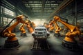 Robots in workshop of automobile plant. Automotive robotic factory. Welding Robot, assembly line production cars Manufacture. Royalty Free Stock Photo