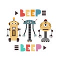 beep beep. Cartoon robots, hand drawing lettering, decor elements. vector illustration.