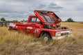 Robsart, SK- August 21, 2021: Abandoned vintage red GMC 910 pick up truck on the Saskatchewan prairies Royalty Free Stock Photo