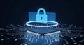 Robust Cybersecurity Protection for Business Data: Digital lock icon floating over a glowing microchip. Royalty Free Stock Photo