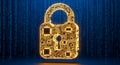 Robust cybersecurity is visualized by an abstract 3D render of a yellow circuit padlock on blue bina Royalty Free Stock Photo