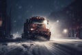 Snowplow truck braving heavy snowstorm