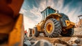 A robust yellow bulldozer dominates a construction site under a bright, cloud-filled sky. Royalty Free Stock Photo