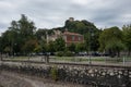 Rocca di Angera castle, view out off Angera town`s embankment of lake Maggiore