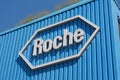 Roche sign in front at the Roche Diagnostics campus in Rotkreuz, Switzerland