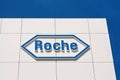 Roche sign in front at the Roche Diagnostics campus in Rotkreuz, Switzerland