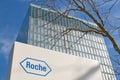 Roche sign in front of the Roche Diagnostics Tower in Rotkreuz, Switzerland