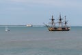 Rochefort , Aquitaine / France - 01 15 2020 : frigate Hermione restored vessel in front of fort boyard in atlantic ocean