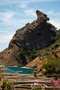 Rocher du capucin cliff in blue Calanque de Figuerolles near La Ciotat, Provence, France Royalty Free Stock Photo