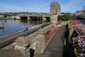 Rochester Castle garden and Rochester Bridge over River Medway, England. Royalty Free Stock Photo