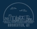 Rochester, Minnesota - Cityscape with white abstract line corner curve modern style on dark blue background, building skyline city