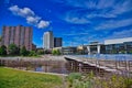 Rochester minnesota downtown buildings and green space near the river