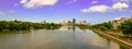 Rochester, New York, USA skyline viewed from the south at dusk with the Genesee River flowing toward the downtown area.