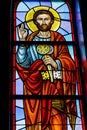 Rochester, USA. June 17, 2018. Saint Peter on a stained glass window. Ukrainian Greek Catholic Church of the Epiphany