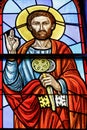 Rochester, USA. June 17, 2018. Saint Peter on a stained glass window. Ukrainian Greek Catholic Church of the Epiphany