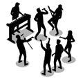 Rock musicians illustration silhouette isometric icons on isolated background