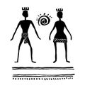 Rock art. Prehistoric people. Man and woman. Ink drawing sketch. Royalty Free Stock Photo