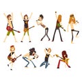 Rock artists characters set. Young musicians with electric guitars and microphones. Cartoon people in different poses Royalty Free Stock Photo