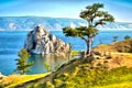 A rock in Baikal lake and a tree standing alone on the shore