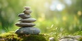 Rock balancing banner. Stones piled in balanced stacks in front of blurry green garden or forest background with copy space