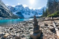 Rock Balancing, Stone Stacking Art. Moraine lake, Banff National Park, Canadian Rockies. Alberta, Canada. Royalty Free Stock Photo