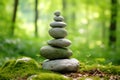 Rock balancing. Stones piled in balanced stacks in front of blurry green forest background Royalty Free Stock Photo