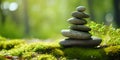 Rock balancing. Stones piled in calming balanced stacks in front of blurry green garden or forest background with copy space Royalty Free Stock Photo