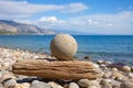 a rock balancing on top of a log on the beach