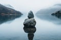 a rock balancing on top of a mountain in the middle of a lake