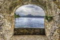 Rock balcony overlooking Lake Garda from Torbole town, Italy