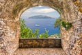 Rock balcony overlooking Sorrento Peninsula seen from Capri, Nap