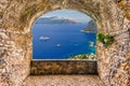 Rock balcony overlooking Sorrento Peninsula seen from Capri, Nap