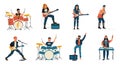 Rock band characters. Cartoon guitar player, vocalist and drummer playing rock music, metal band members. Vector