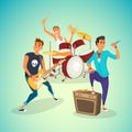 Rock band concer. Group creative young people playing instruments impressive performance. Cartoon vector illustration Royalty Free Stock Photo